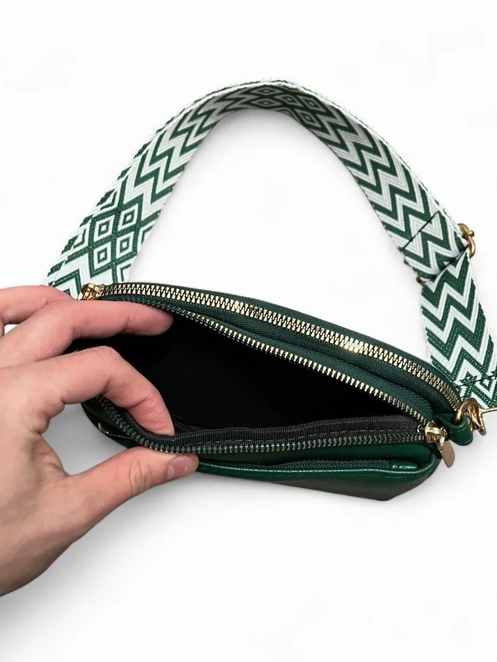 Emerald Green Crossbody Bag with Woven Strap & Gold Hardware